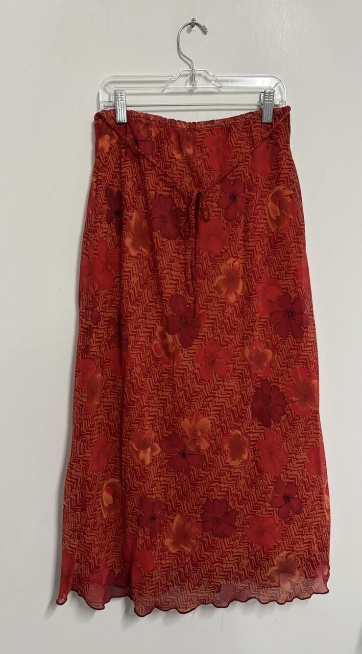 Vintage Y2K Orange And Red Floral Midi Skirt Cottagecore Stretch Size Medium